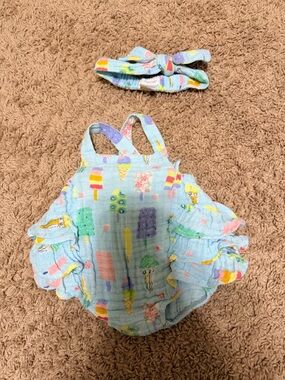 Angel Dear Ice Cream Print Ruffle Romper with Headband
